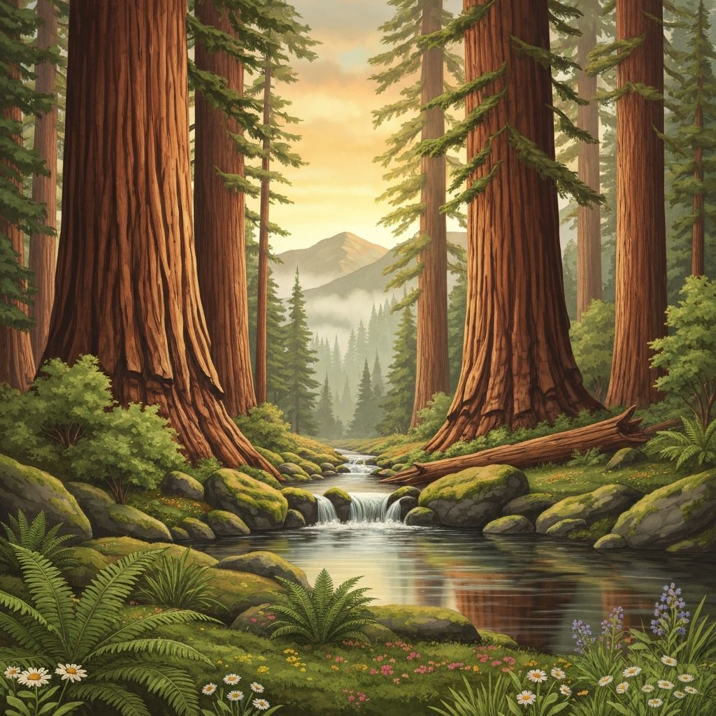 Bay Area redwood forest at golden hour with towering trees