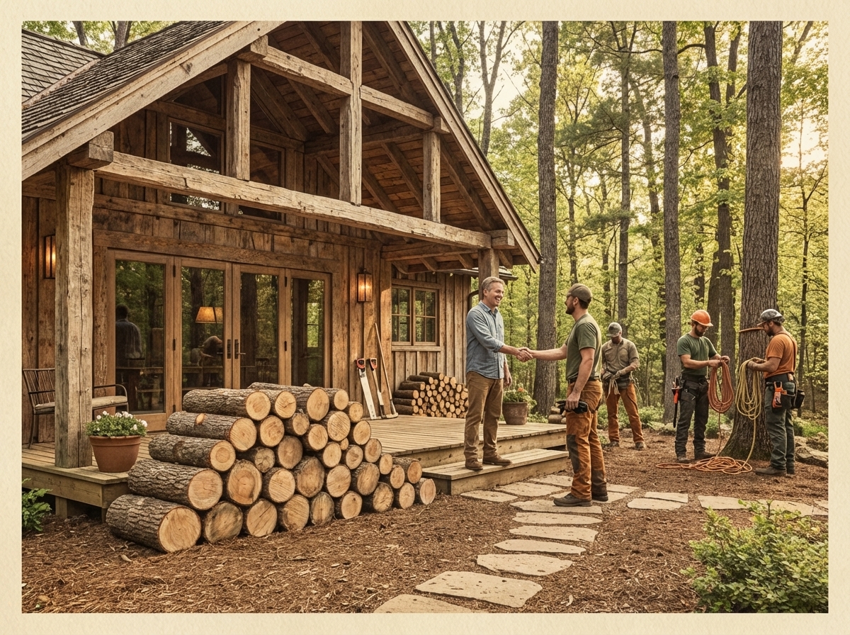 Storm damage cleanup with fallen trees removed from residential property