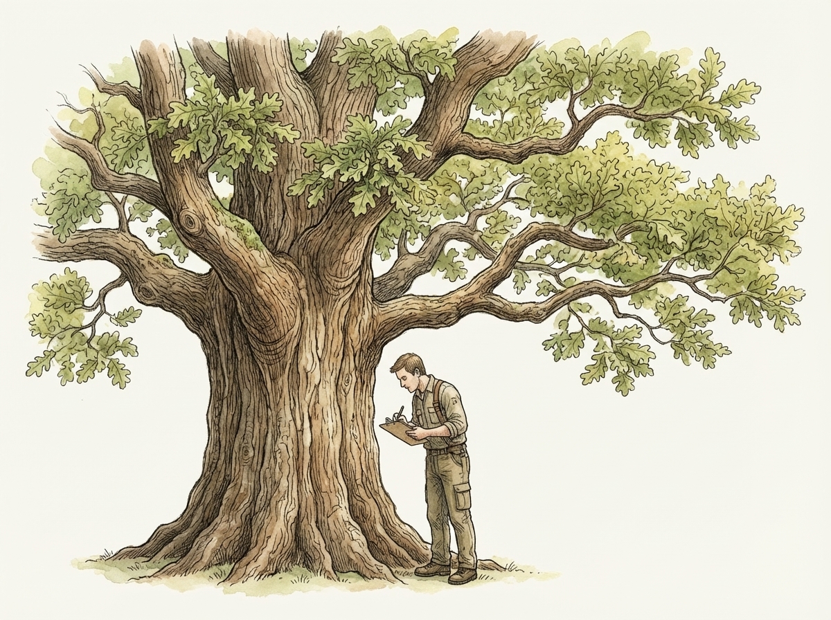 ISA certified arborist inspecting a mature redwood tree