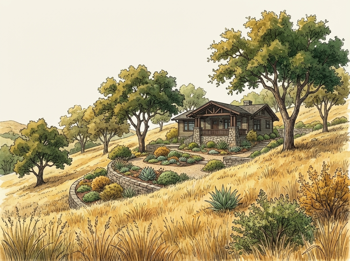 Cleared defensible space around a Bay Area home surrounded by oak trees