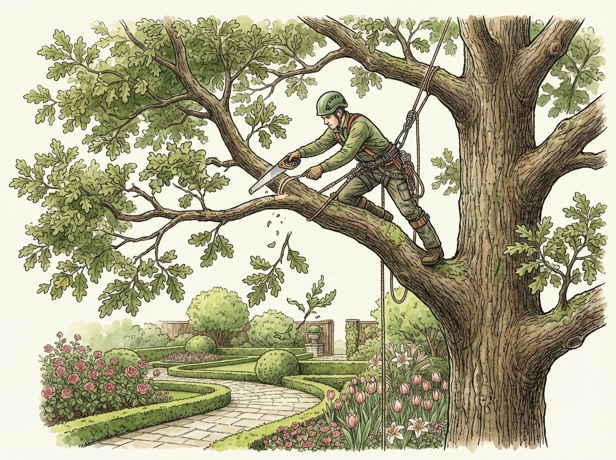 Arborist trimming a large oak tree in a Bay Area backyard